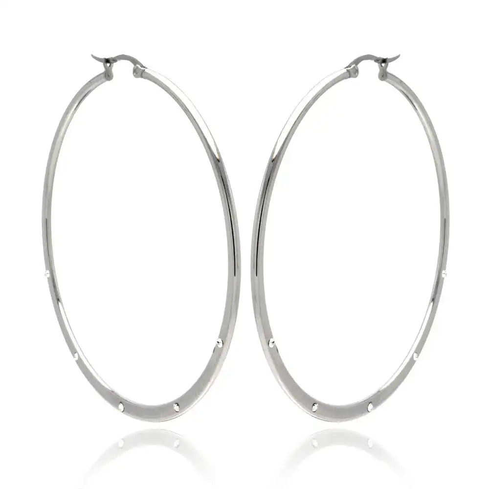 Stainless Steel Rhodium Plated 5 Cubic Zirconia Hoops Earrings