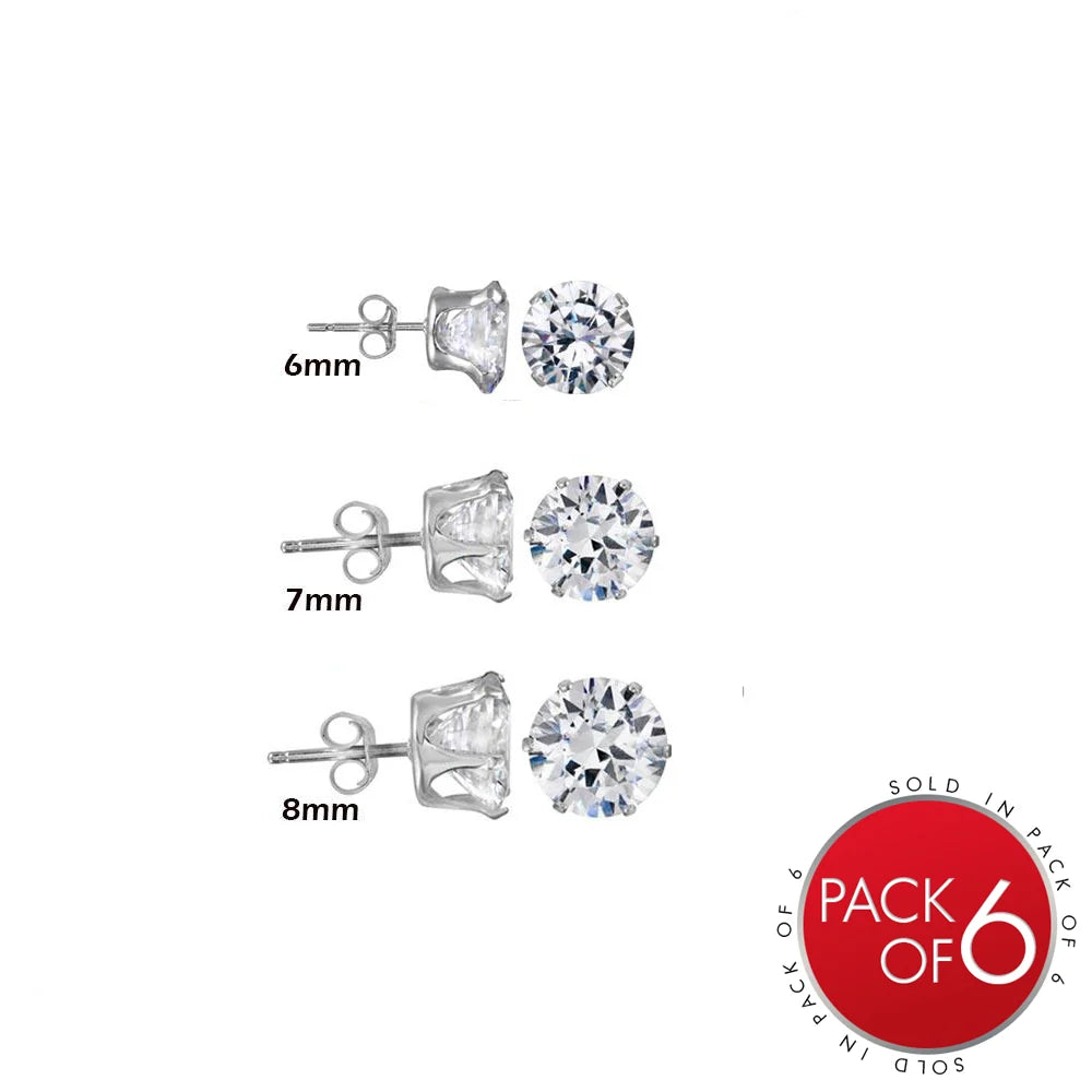 Stainless Steel Rhodium Plated Round Clear CZ Stud Earrings