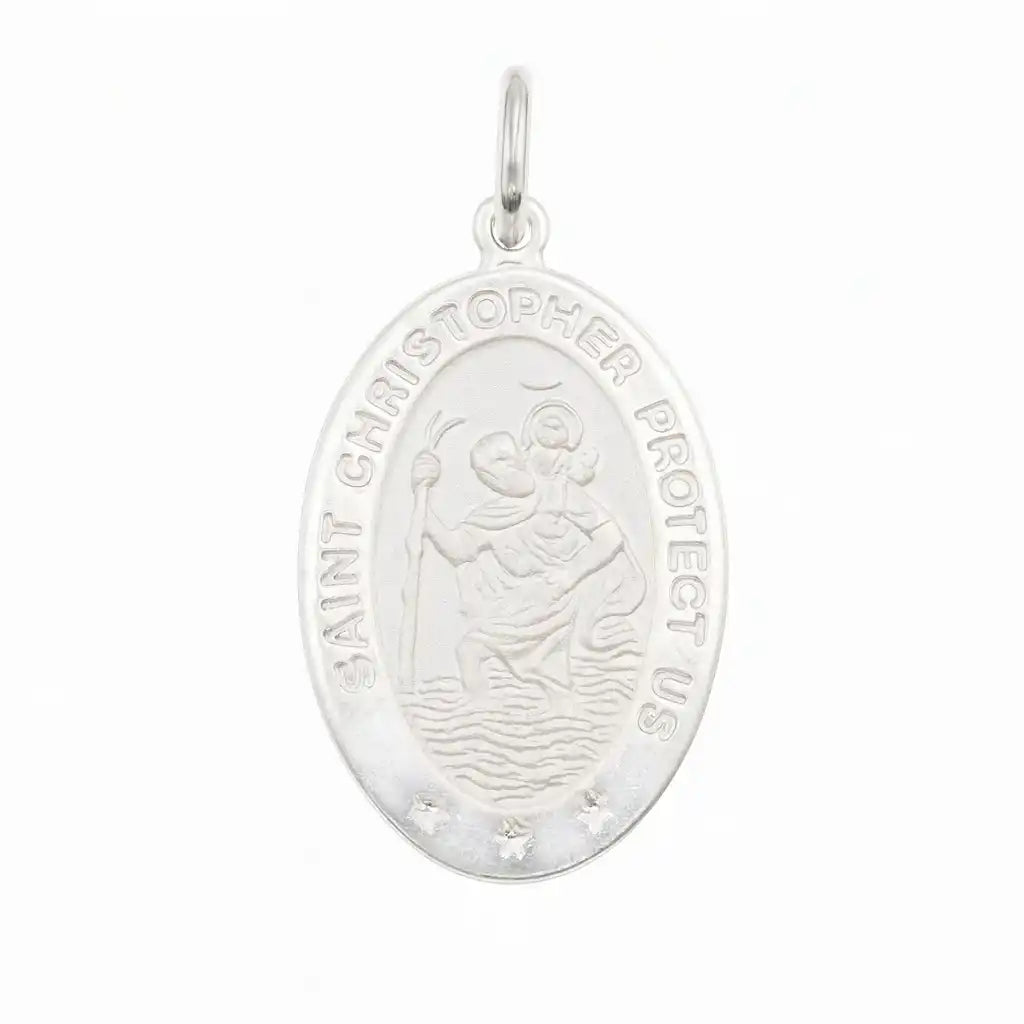 925 Sterling Silver High Polished Sandblasted Saint Christopher CZ Pendant