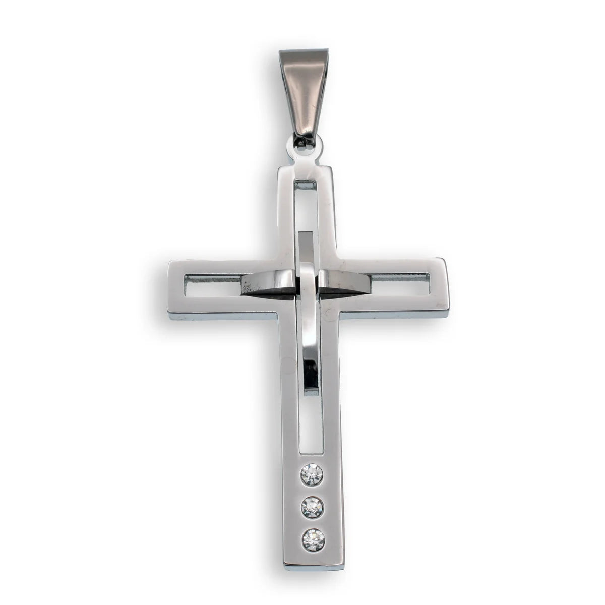 Stainless Steel Rhodium Plated Cross Clear CZ Pendant