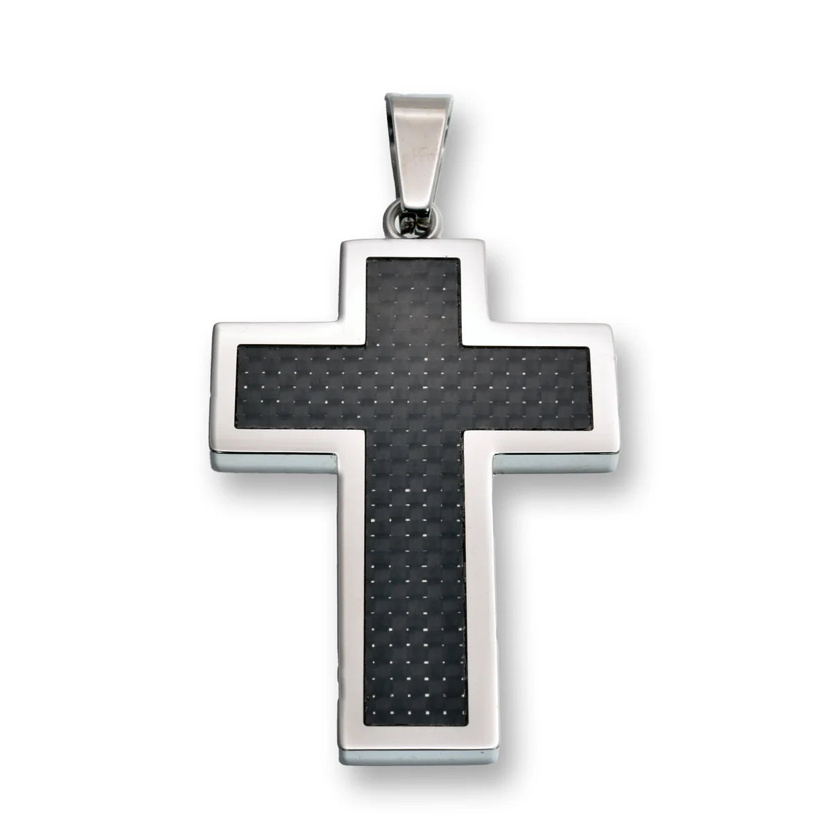 Stainless Steel Rhodium Plated Cross Carbon Fiber Inlay Silver Edging 28.1mm x 39mm Pendant