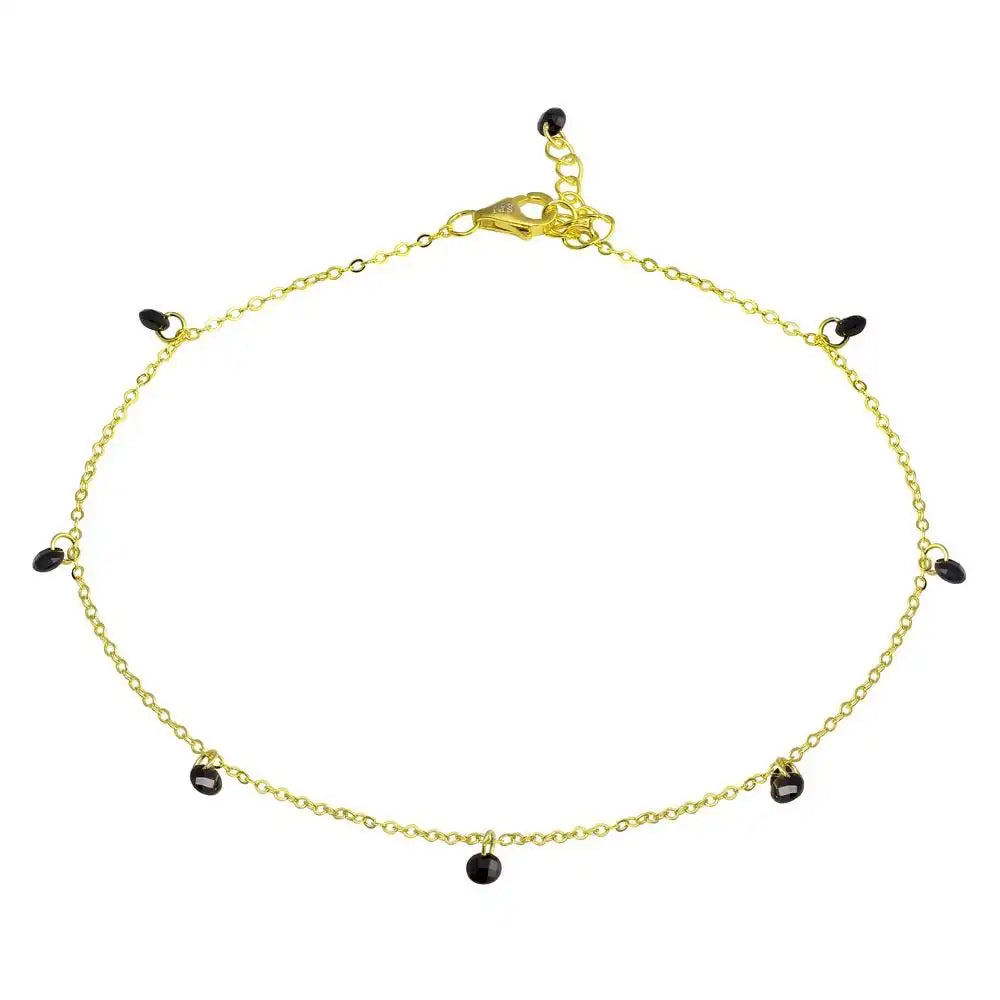 925 Sterling Silver Gold Plated Dangling Black CZ Anklet