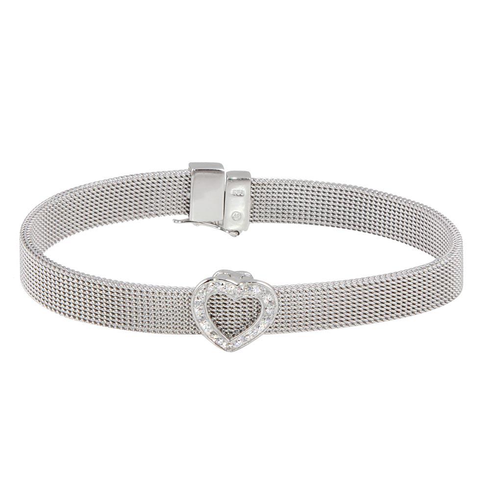 925 Silver Rhodium Plated Heart Clear CZ Mesh Bracelet