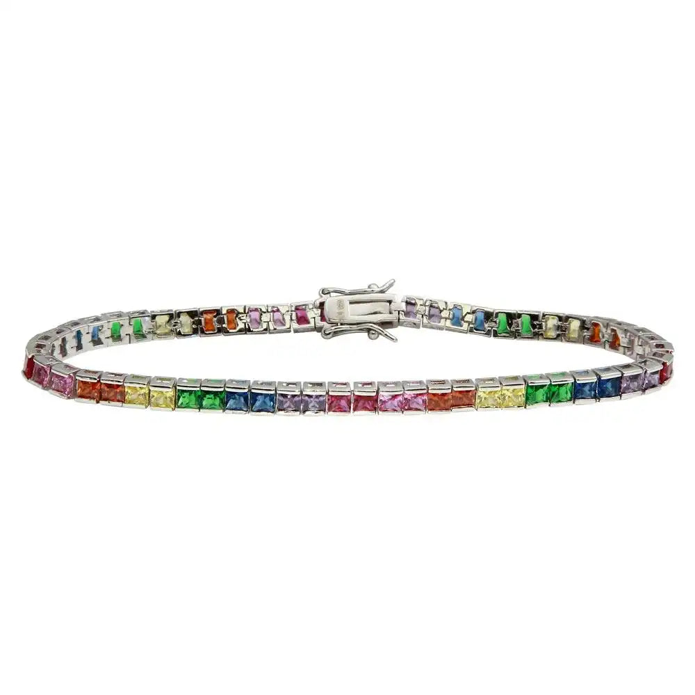 925 Sterling Silver Rhodium Plated Square Rainbow CZ Tennis Bracelet