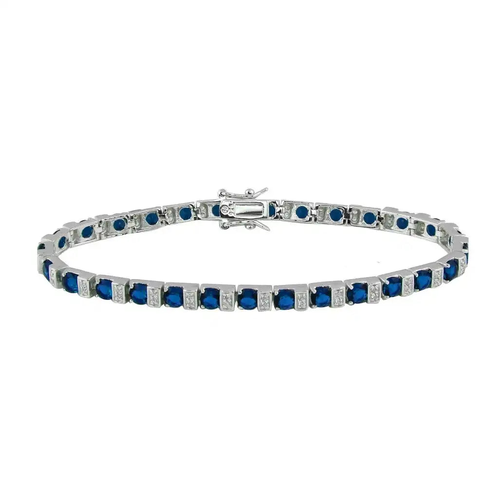 925 Sterling Silver Rhodium Plated Clear and Blue CZ Tennis Bracelet