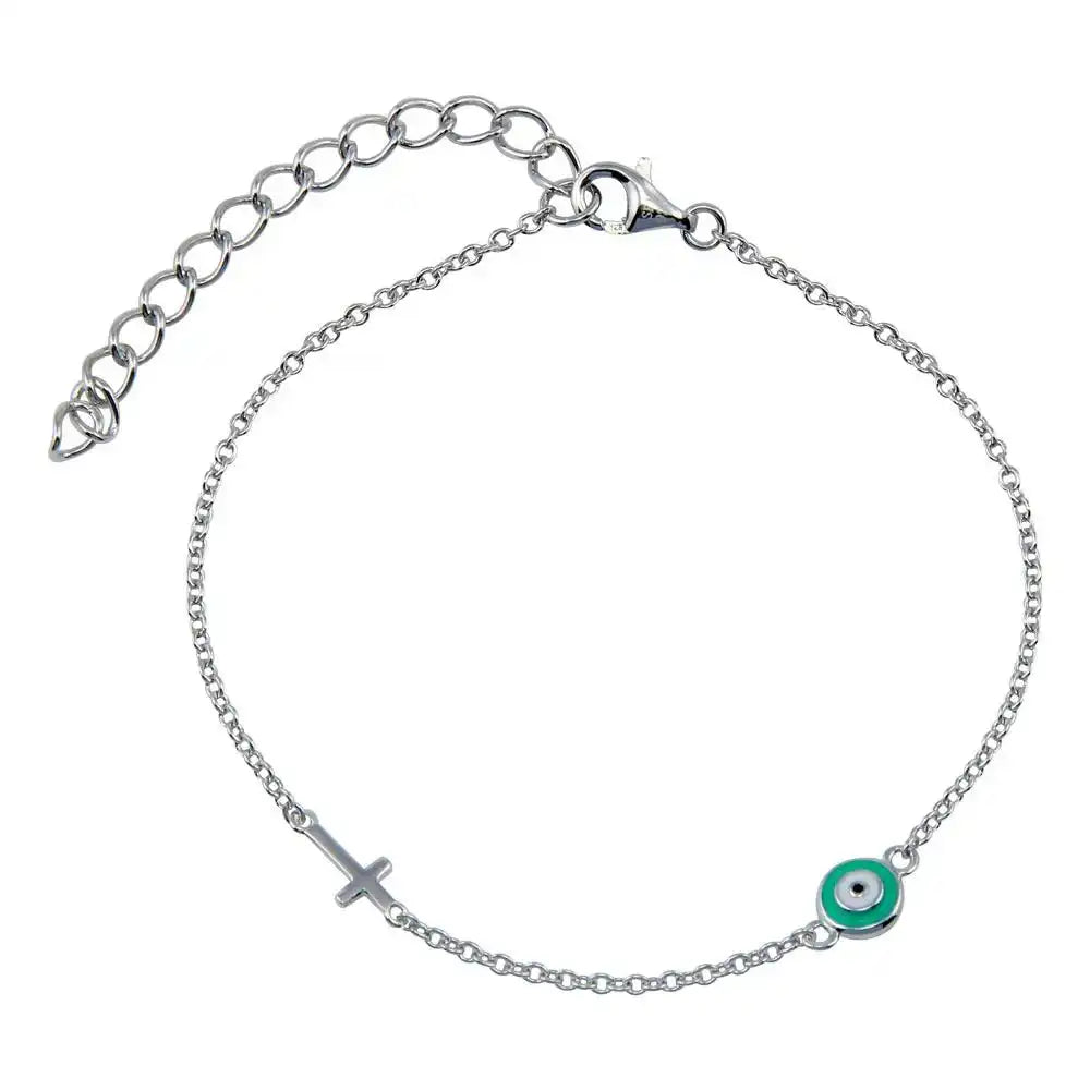 925 Sterling Silver Rhodium Plated Enamel Evil Eye with Cross Bracelet