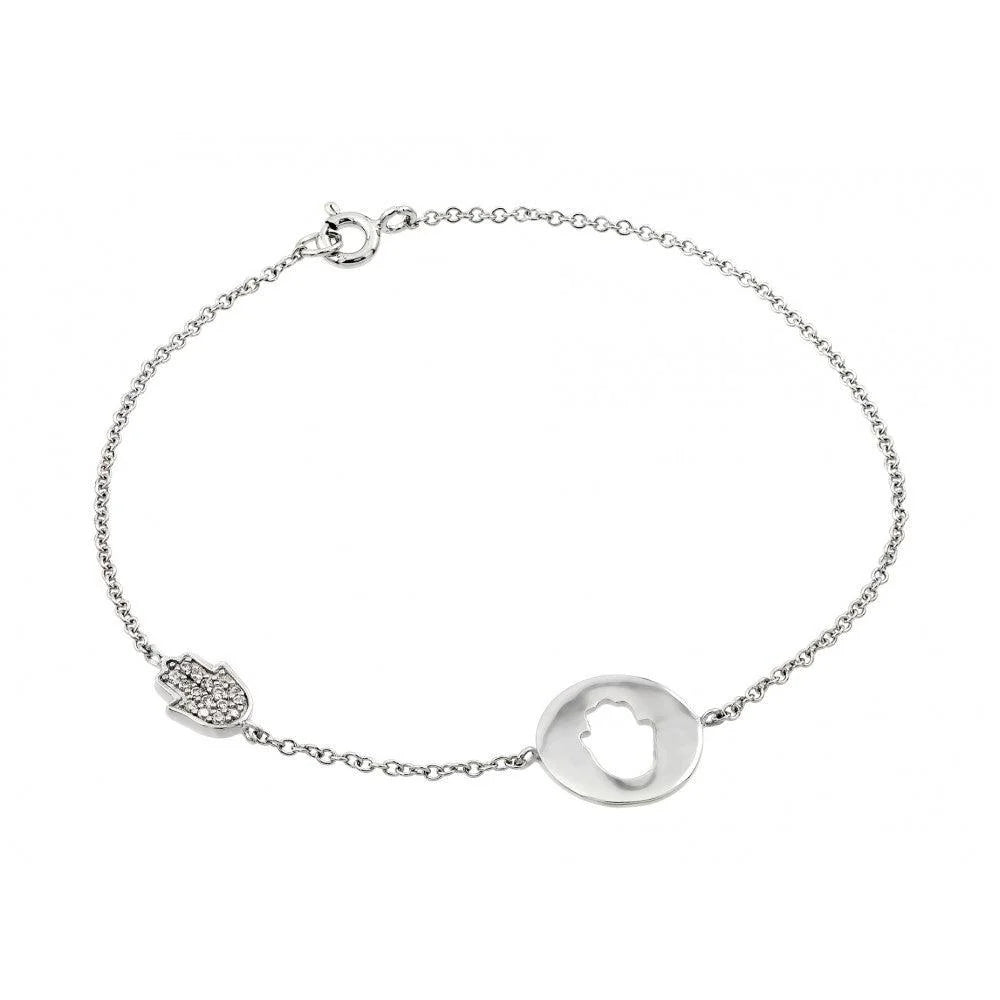 925 Silver Rhodium Plated Open Hamsa Clear CZ Bracelet