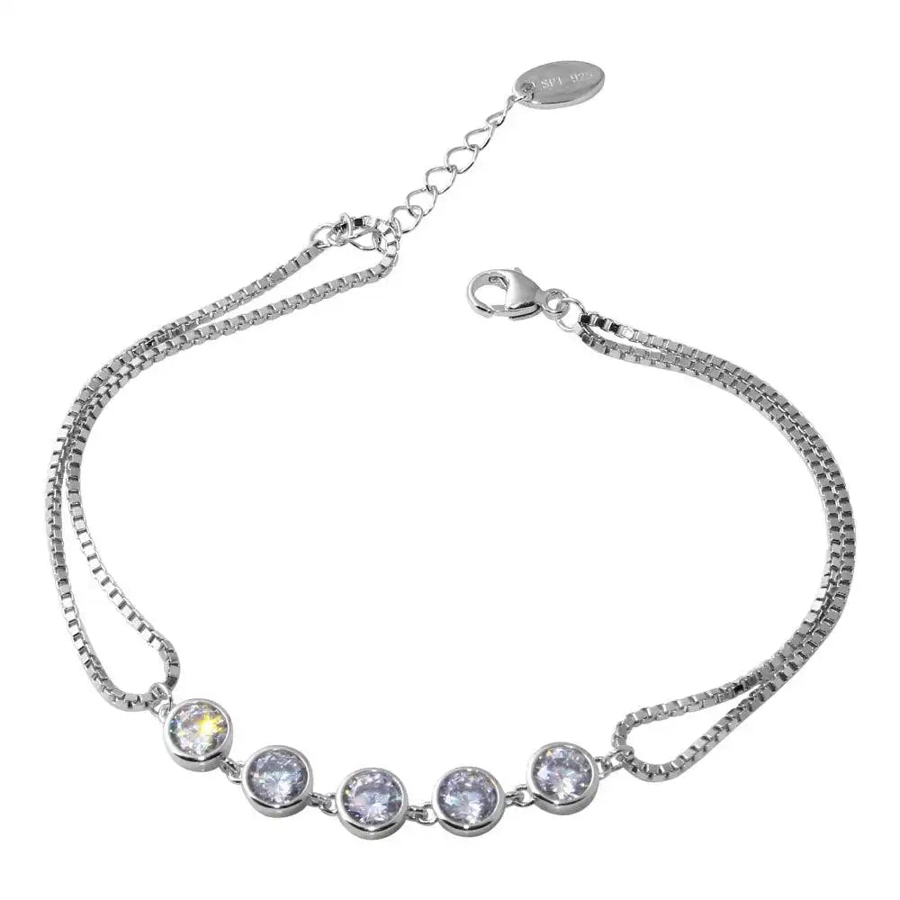 925 Sterling Silver Rhodium Plated Double Strand Box Bracelet with Round CZ