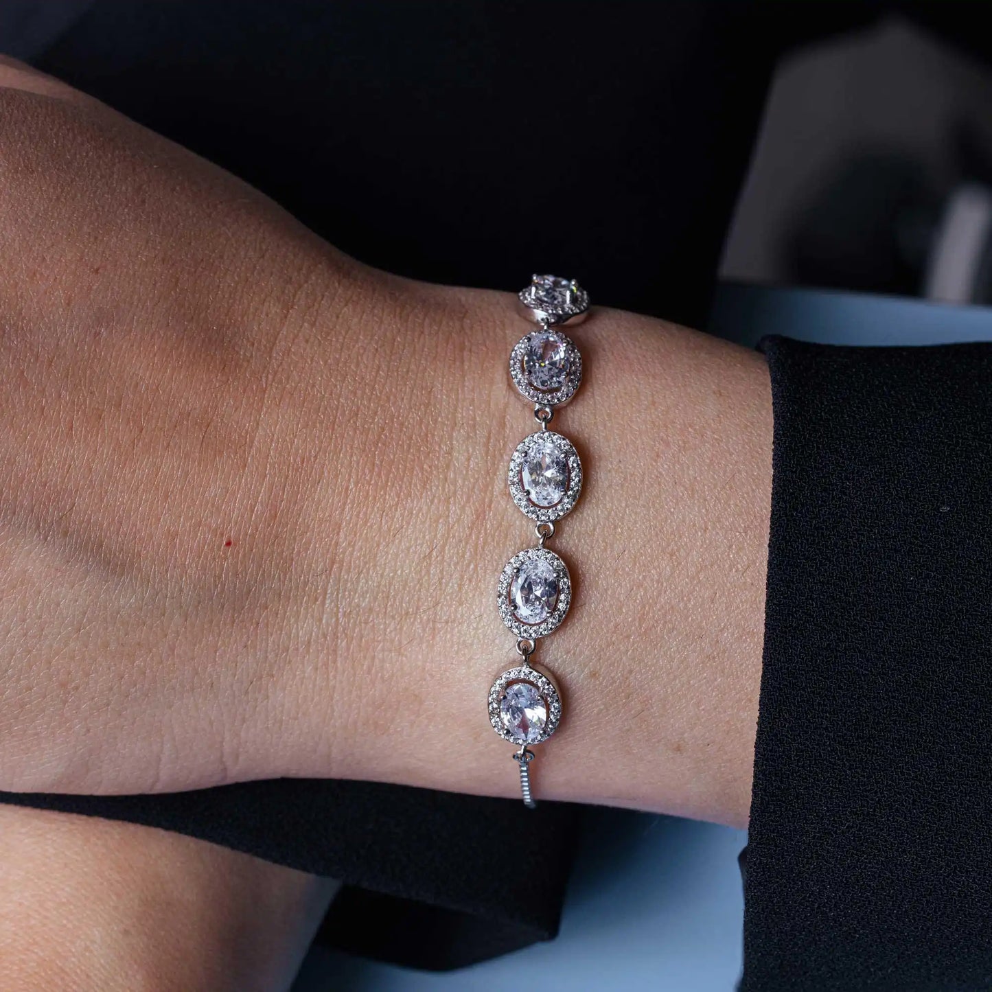 925 Sterling Silver Rhodium Plated 5 Micro Pave Clear Oval and Clear Round CZ Lariat Bracelet