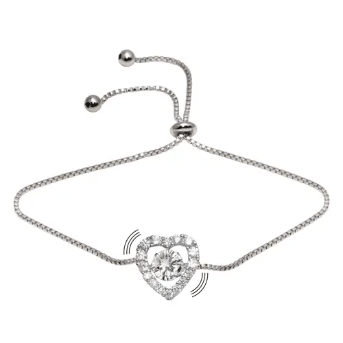 925 Sterling Silver Rhodium Plated Heart Dancing CZ Lariat Bracelet