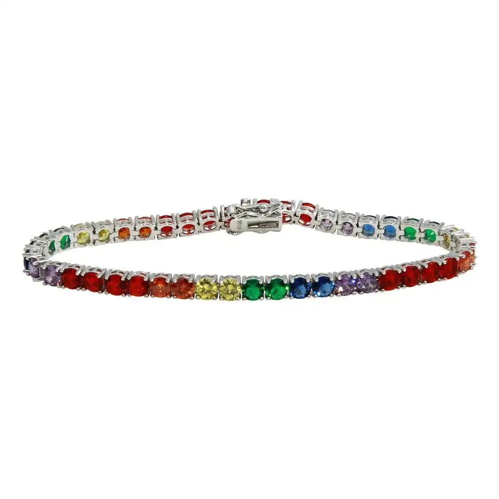 925 Sterling Silver Rhodium Plated Round Rainbow CZ Tennis Bracelet