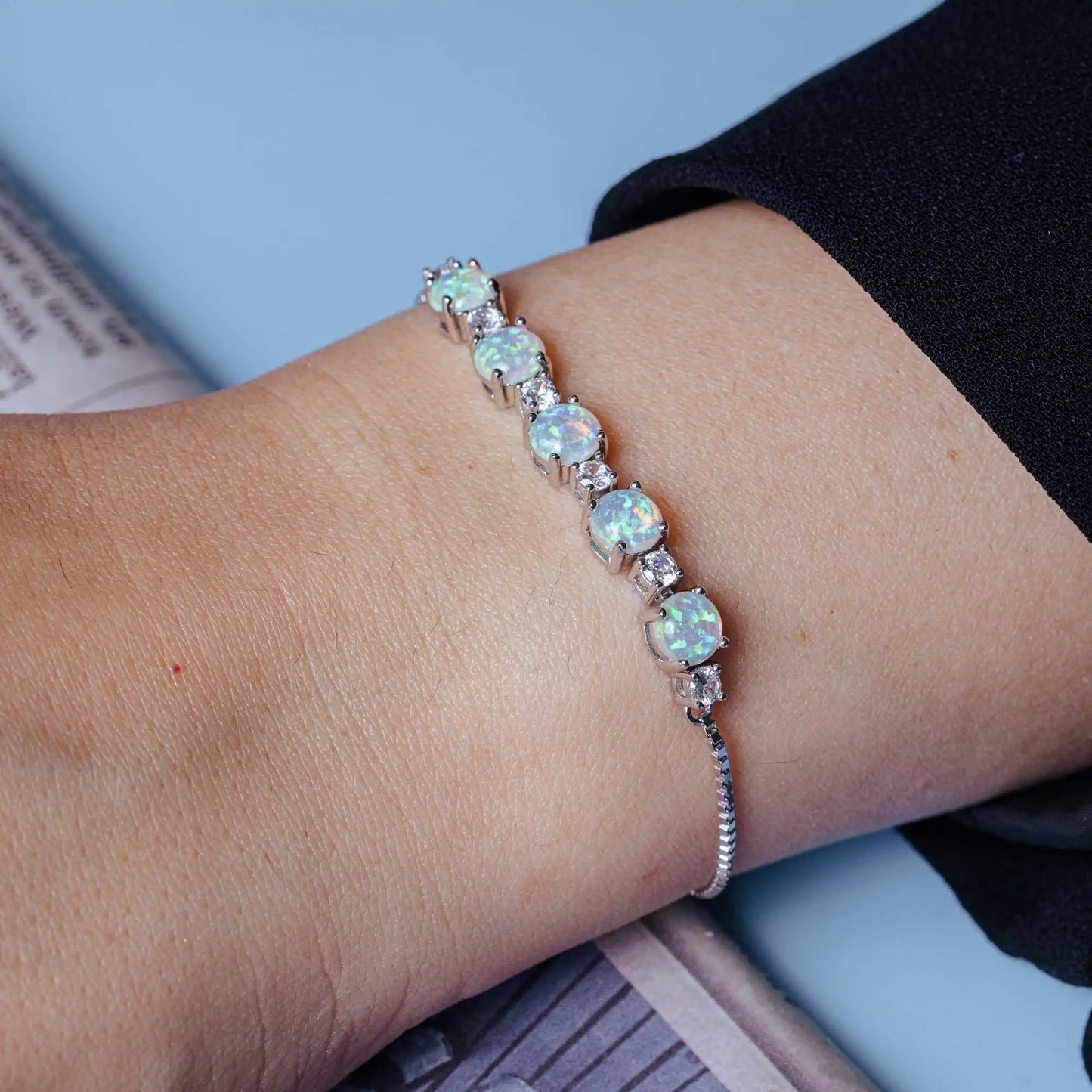 925 Sterling Silver Rhodium Plated CZ and Synthetic Opal Lariat Bracelet
