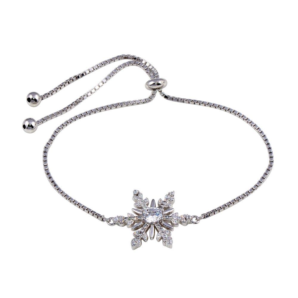 925 Sterling Silver Rhodium Plated Lariat Snow Flakes CZ Bracelet