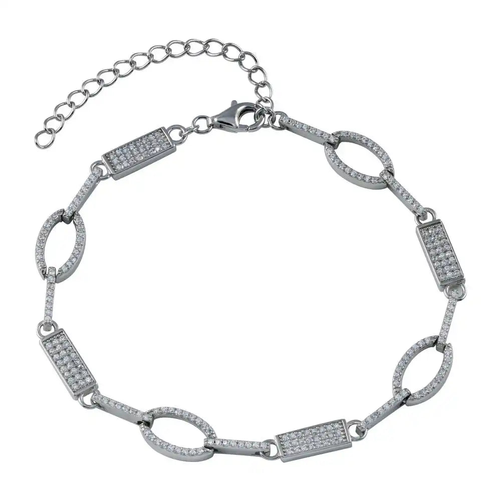 925 Sterling Silver Rhodium Plated Oval and Bar CZ Bracelet