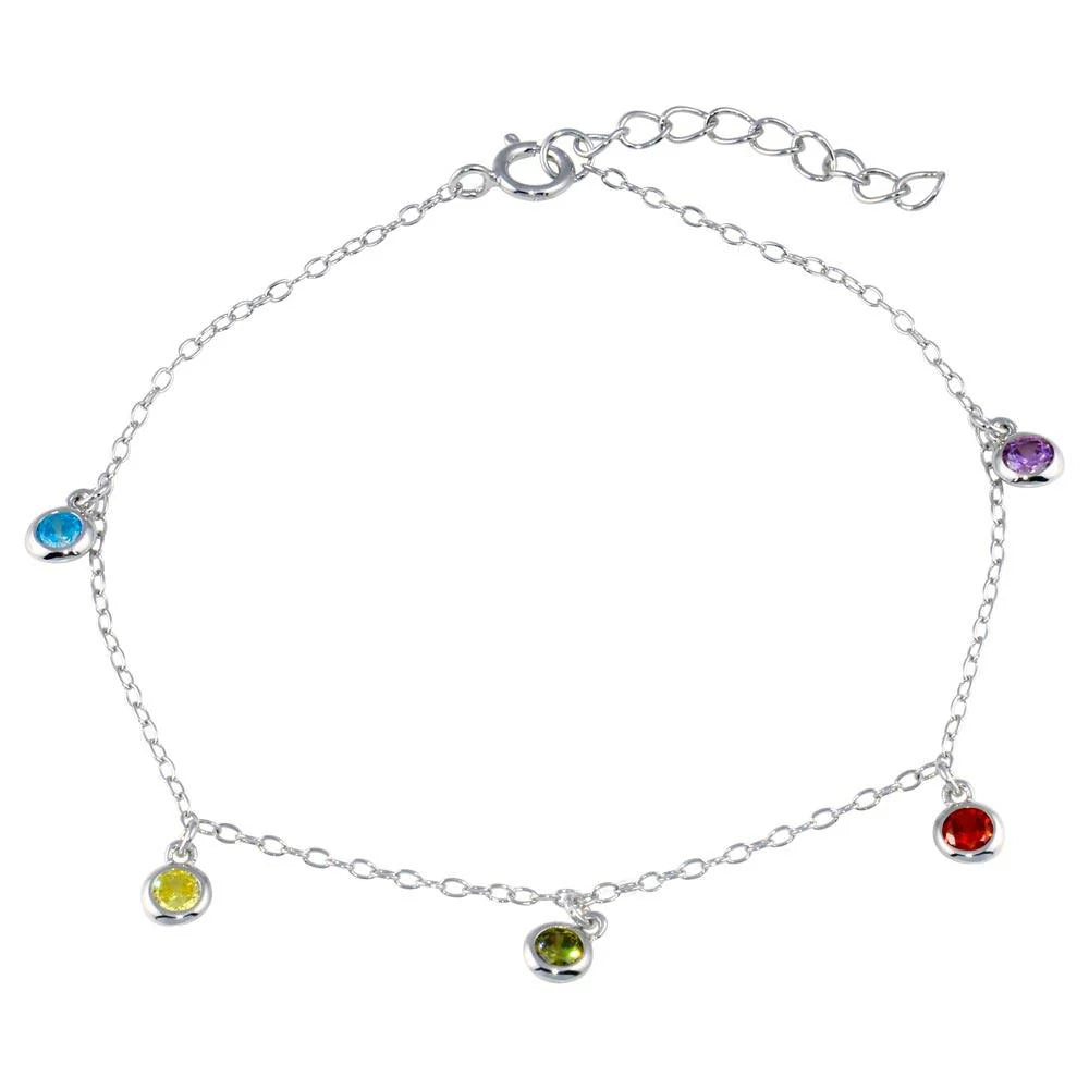 925 Sterling Silver Rhodium Plated Multi Color CZ Stones Adjustable Bracelet