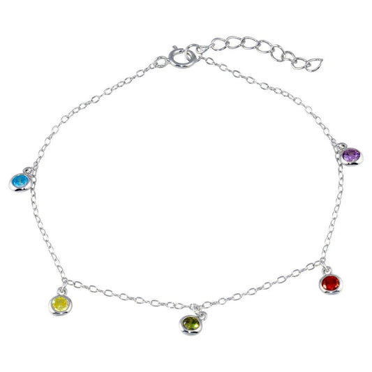 925 Sterling Silver Rhodium Plated Multi Color CZ Stones Adjustable Bracelet