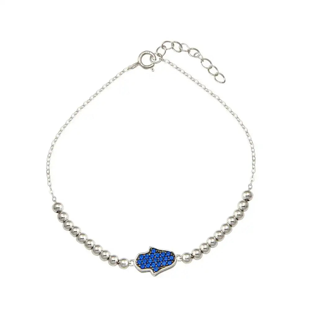 925 Sterling Silver Rhodium Plated Square Hamsa Bead Blue CZ Adjustable Bracelet