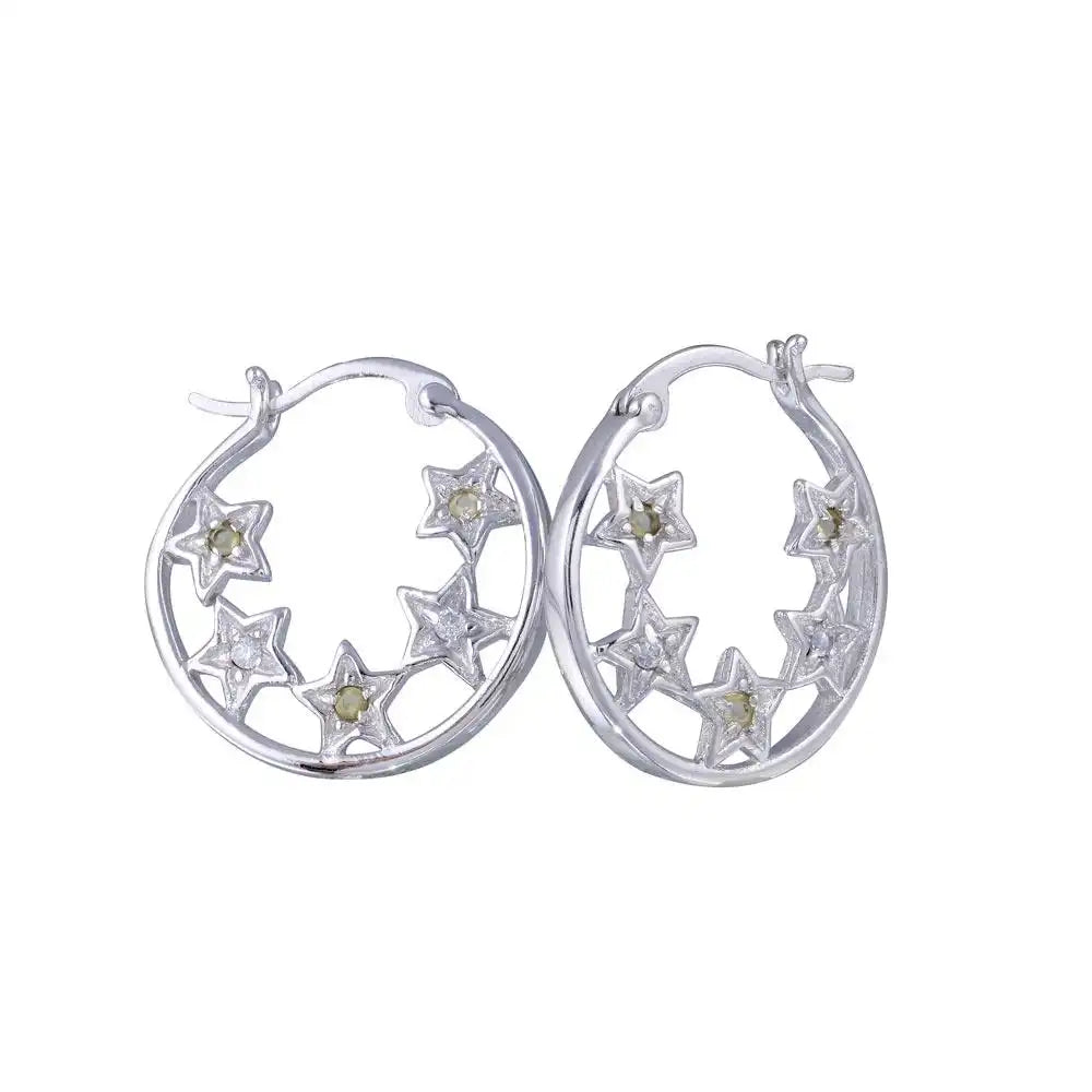 925 Sterling Silver Rhodium Plated CZ Hoop Star Earrings