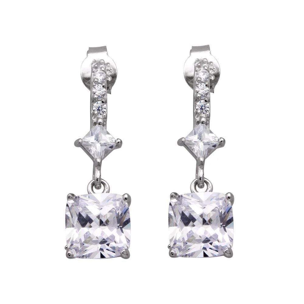 925 Silver Rhodium Plated Square CZ Dangling Post Earrings
