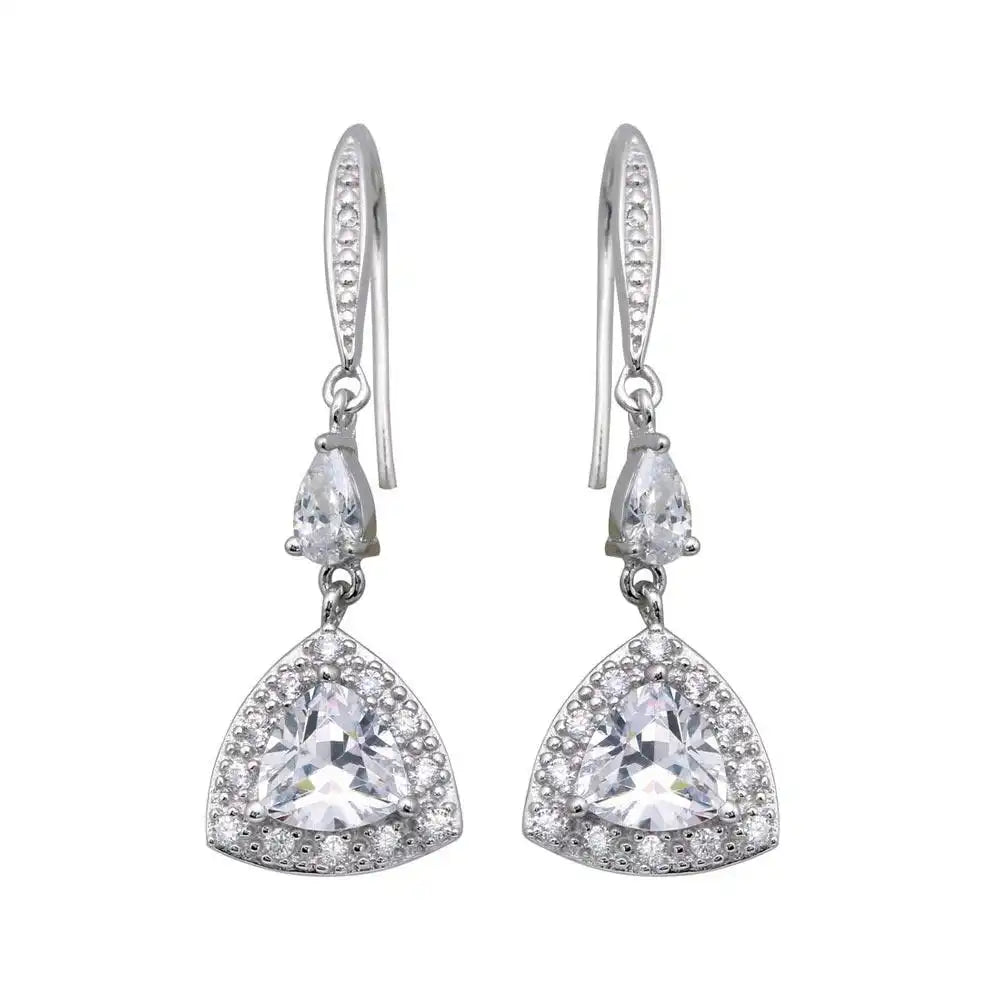 925 Sterling Silver Rhodium Plated Oval Teardrop CZ Dangling Oval Hook Earrings