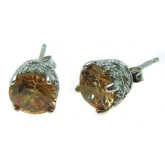 925 Sterling Silver Rhodium Plated Round Champagne CZ Earrings