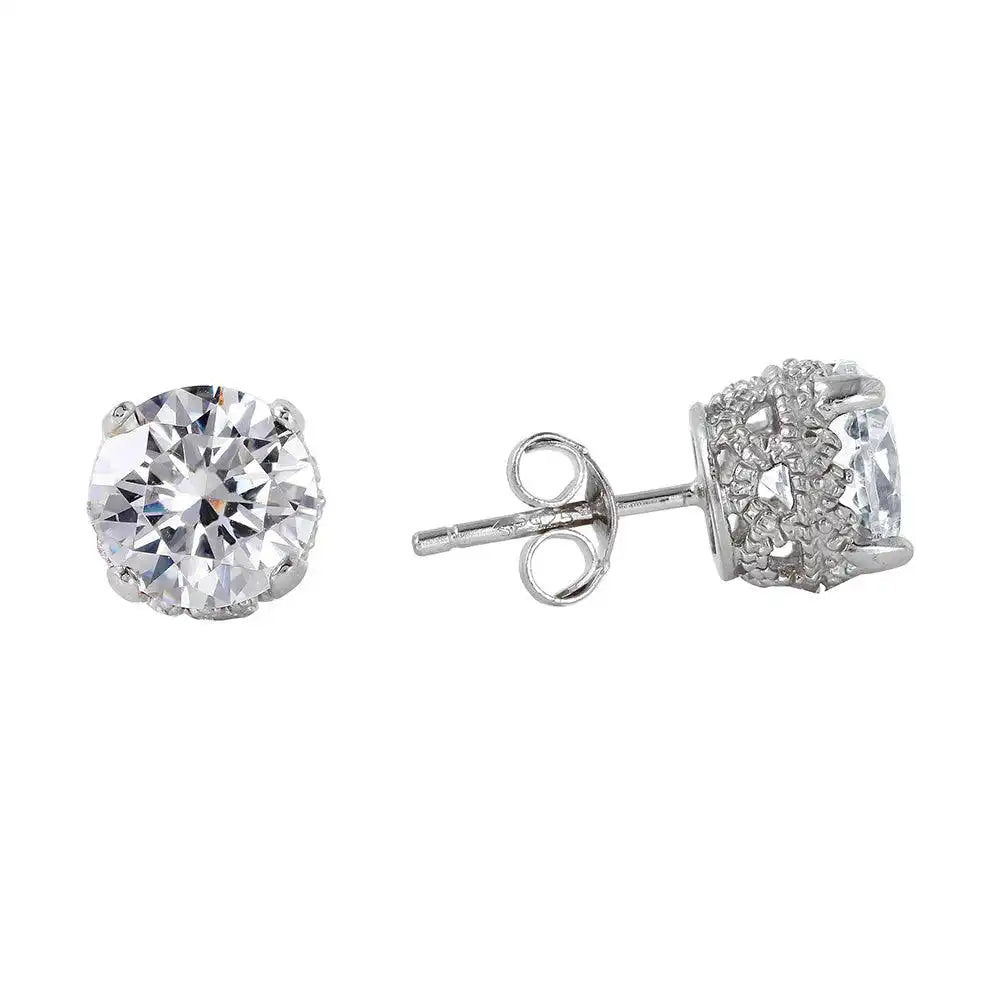 Silver 925 Rhodium Plated Round Clear CZ Earrings