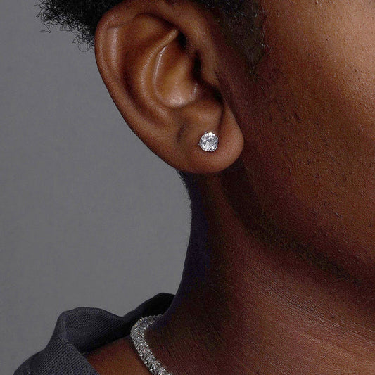 925 Sterling Silver Rhodium Plated  Round Basket Clear CZ Stud Earring