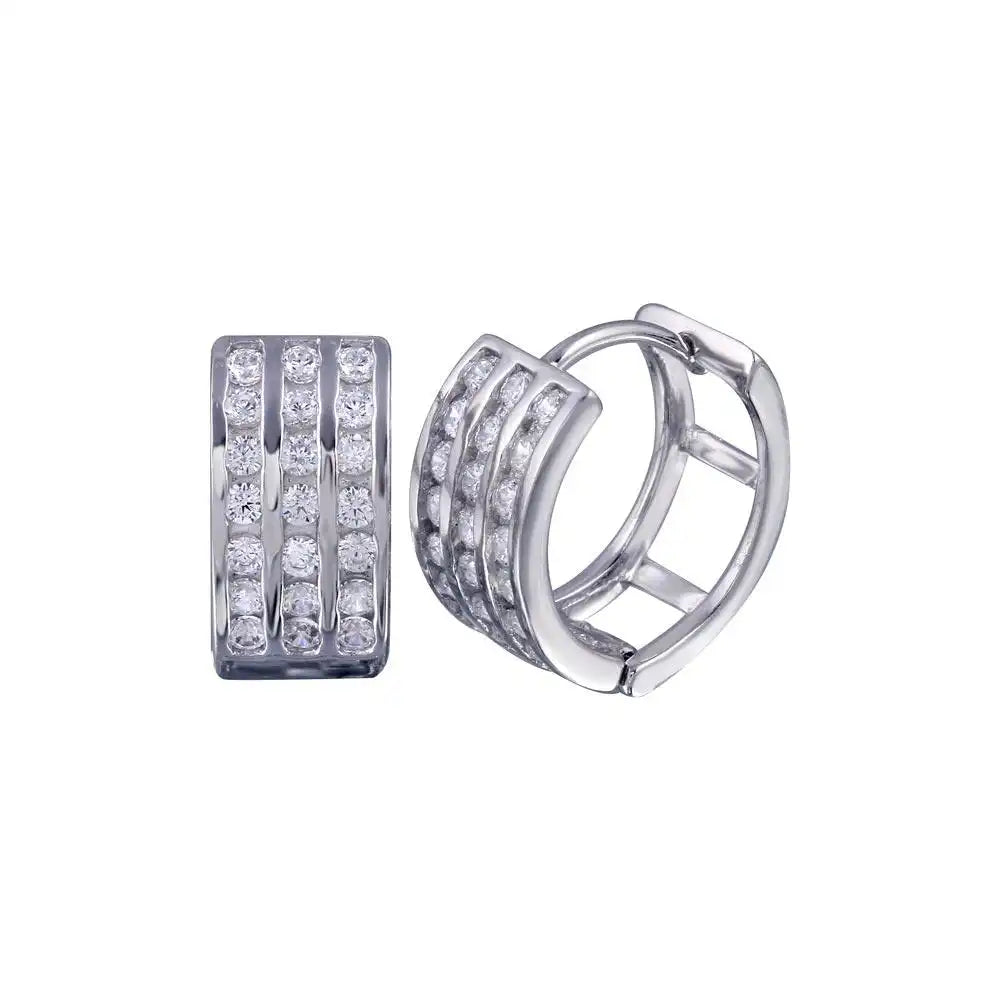 925 Sterling Silver Rhodium Plated Round Clear CZ huggie hoop Earrings