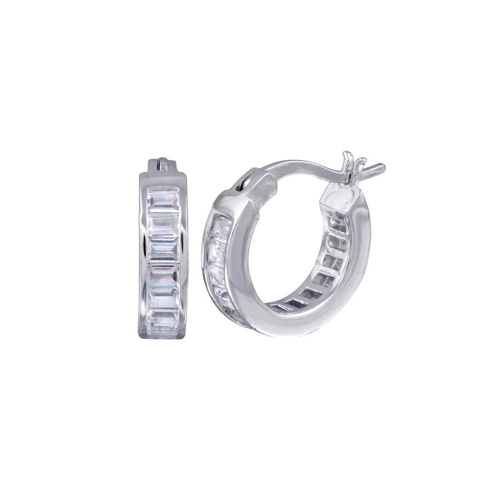 925 Silver Rhodium Plated Baguette Clear CZ Hoop Earrings