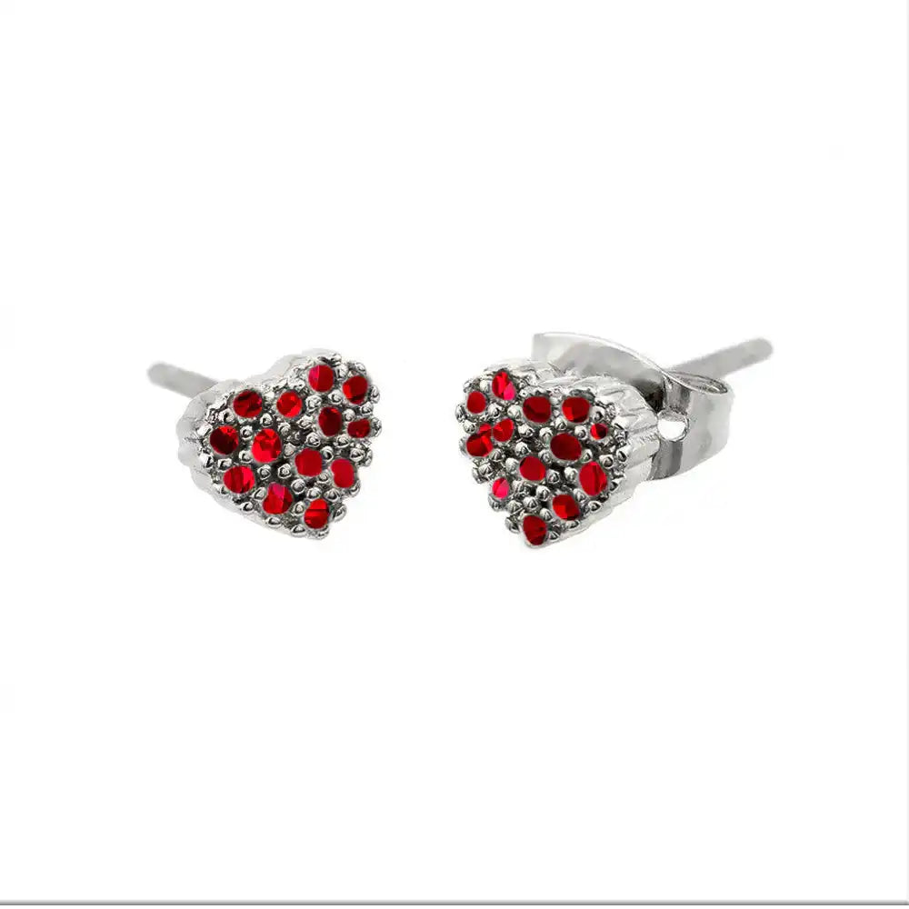 925 Sterling Silver Rhodium Plated Red Heart Black Prongs CZ Stud Earrings
