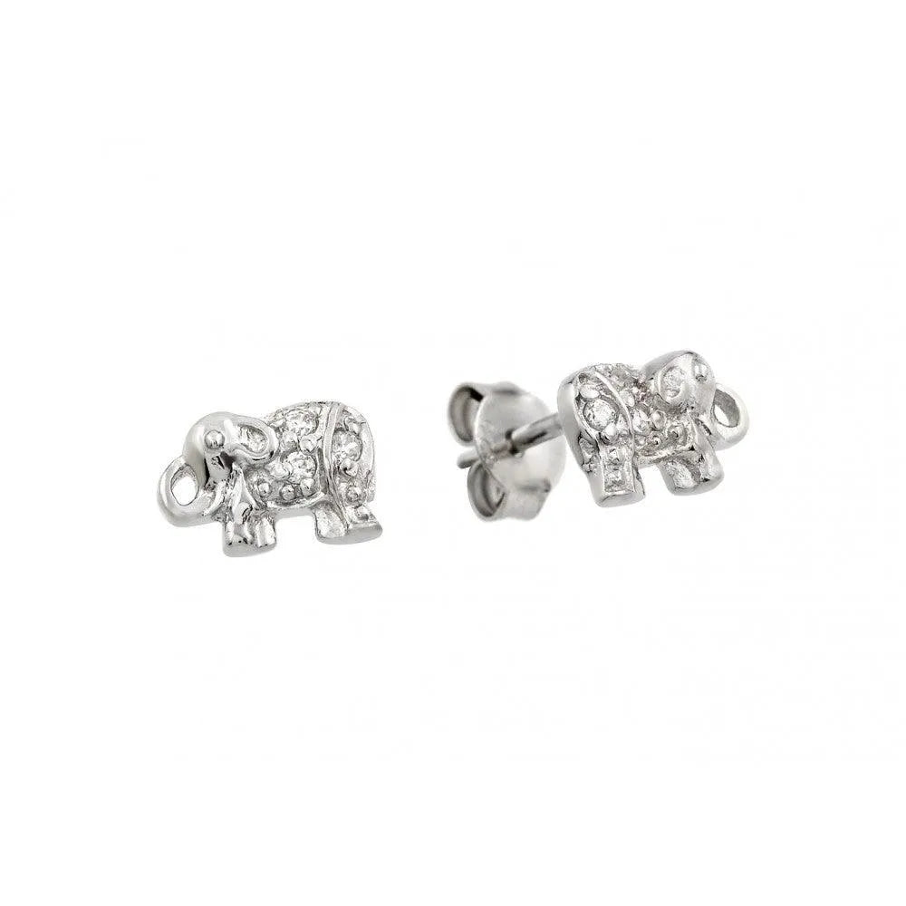 925 Sterling Silver Rhodium Plated Elephant Clear CZ Stud Earrings