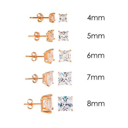 925 Sterling Silver Rose Gold Plated Square Basket Clear CZ Stud Earring