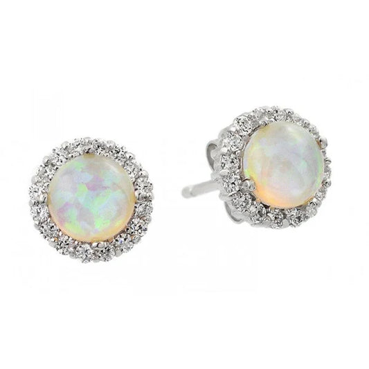 925 Sterling Silver Rhodium Plated Round Opal CZ Stud Earrings