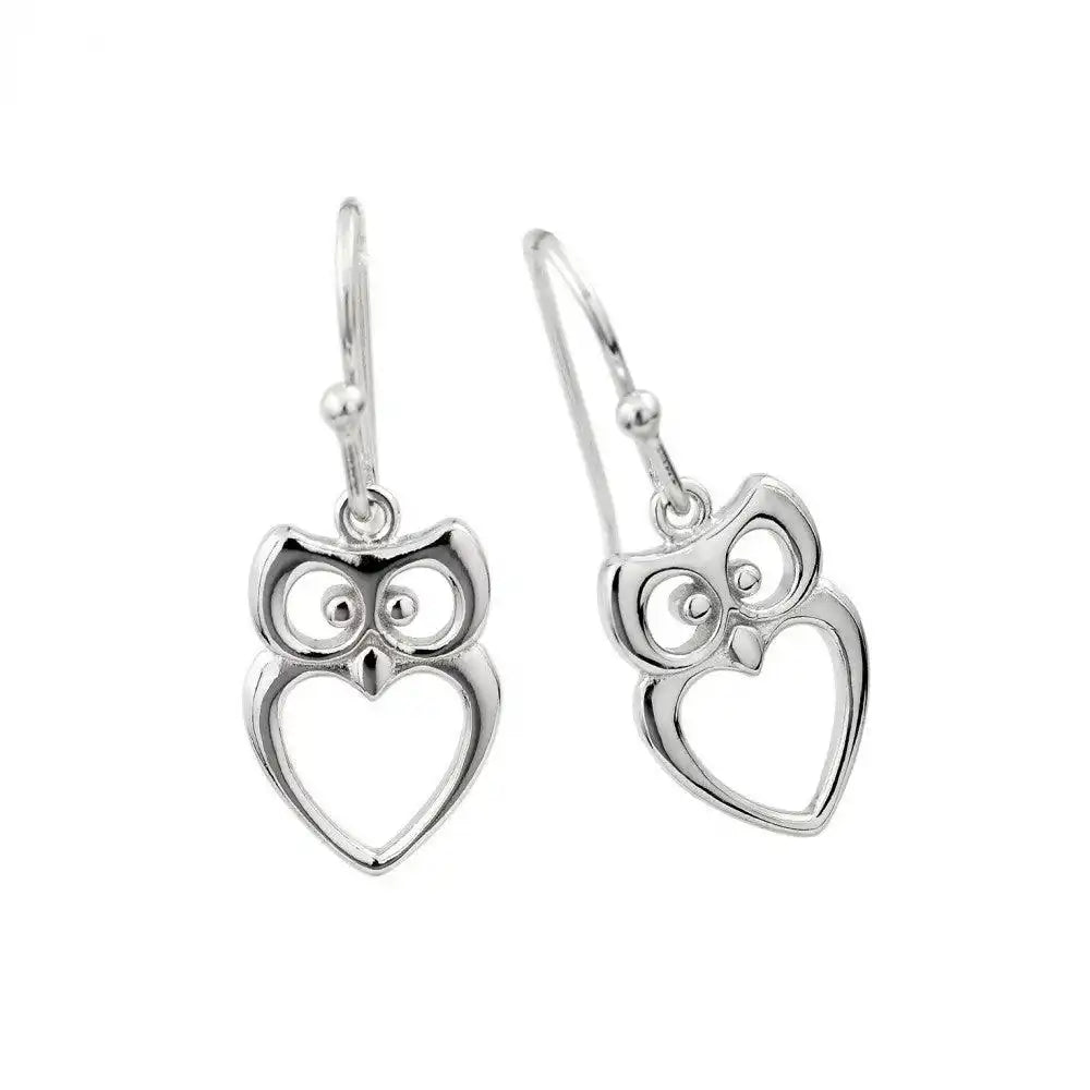 925 Sterling Silver Rhodium Plated Owl Heart Earrings