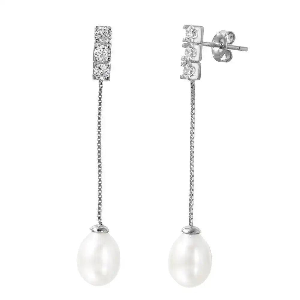 925 Sterling Silver Rhodium Plated Chain Pearl CZ Dangling Stud Earrings