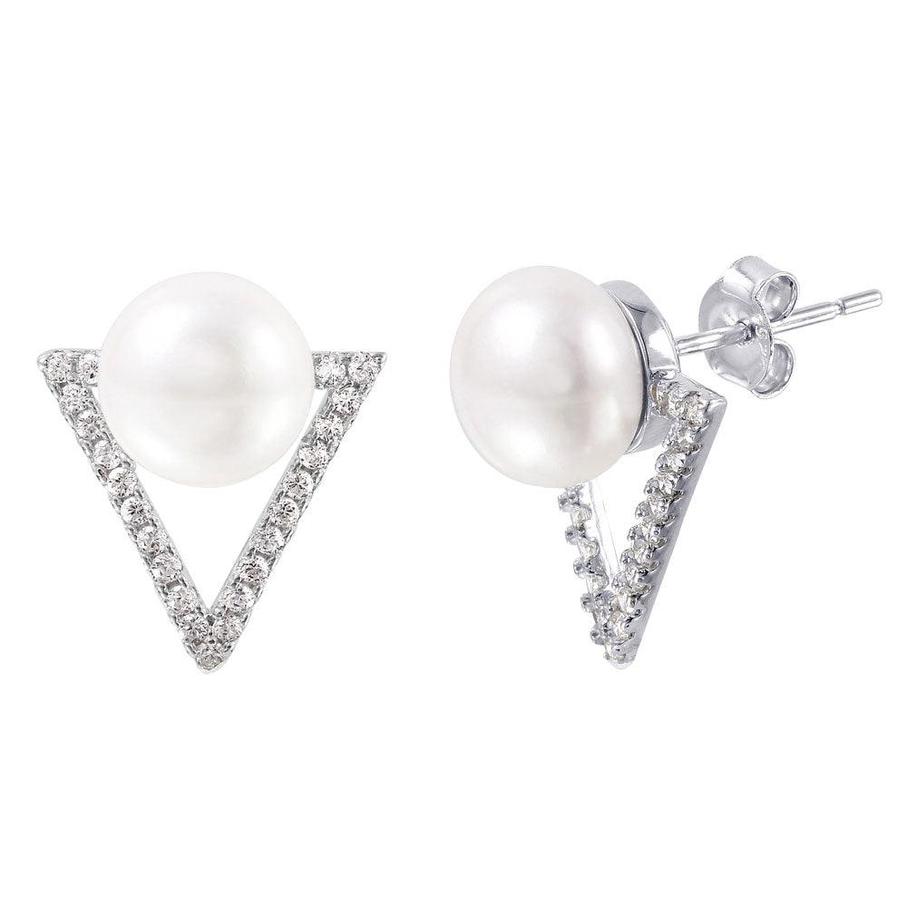 925 Silver Rhodium Plated Open Triangle Fresh Water Pearl CZ Stud Earrings
