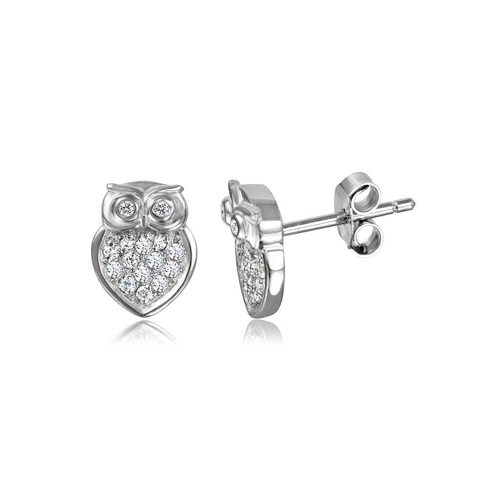 925 Silver Rhodium Plated Owl Post CZ Earrings