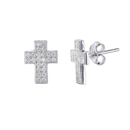 925 Sterling Silver Rhodium Plated Cross CZ Earrings
