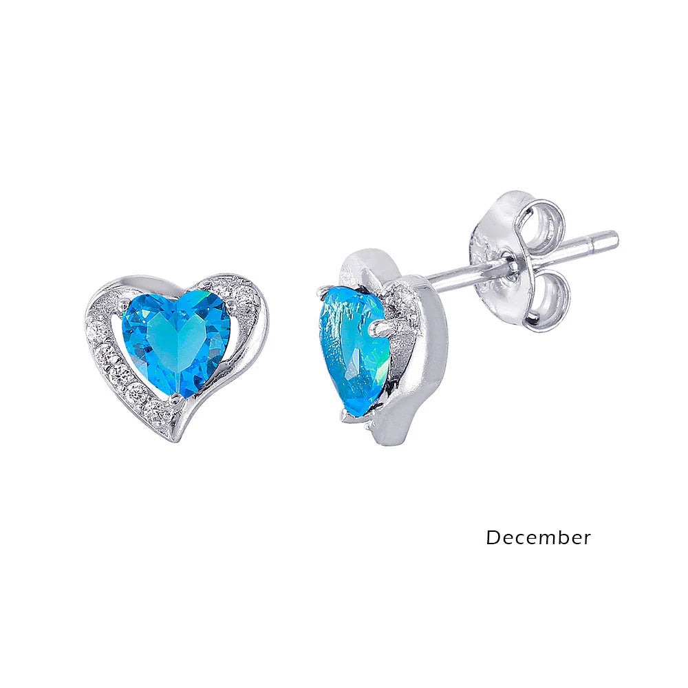 925 Sterling Silver Rhodium Plated Heart with Birthstone Center Stud Earrings