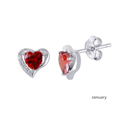 925 Sterling Silver Rhodium Plated Heart with Birthstone Center Stud Earrings