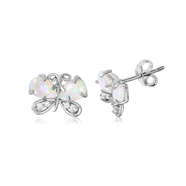 925 Sterling Silver Rhodium Plated Butterfly CZ And Synthetic Opal Stud Earrings