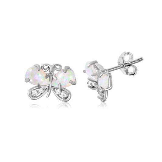 925 Sterling Silver Rhodium Plated Butterfly CZ And Synthetic Opal Stud Earrings