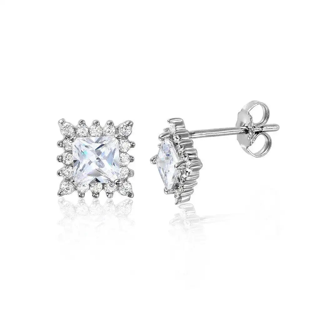 925 Sterling Silver Rhodium Plated Square Halo Earrings