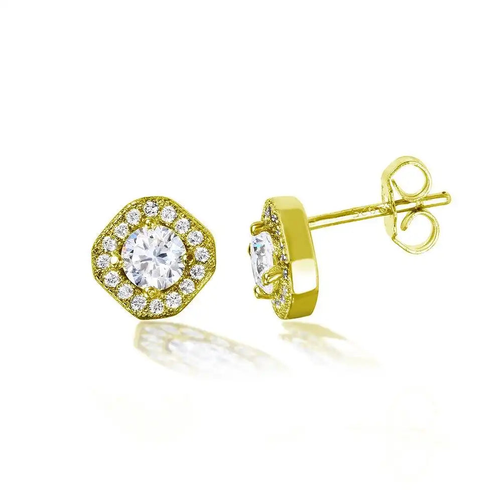 925 Sterling Silver Gold Plated Round Halo Earrings