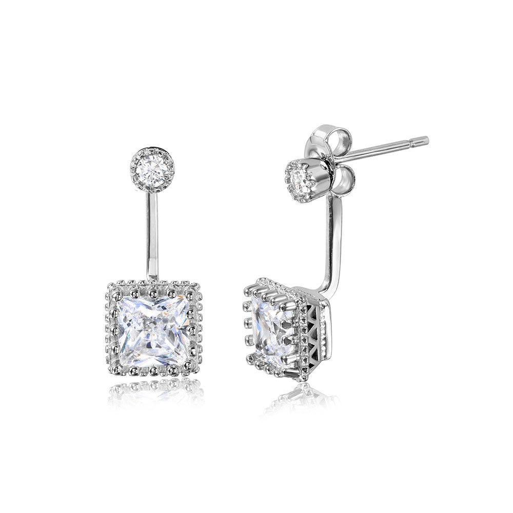 925 Silver Rhodium Plated Hanging Square Crown Front and Back Earrings