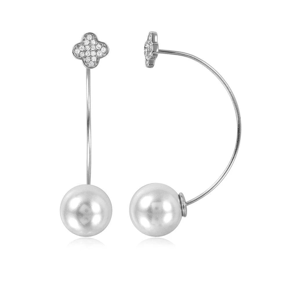 925 Sterling Silver Rhodium Plated Clover Earring with Hanging Synthetic Pearl