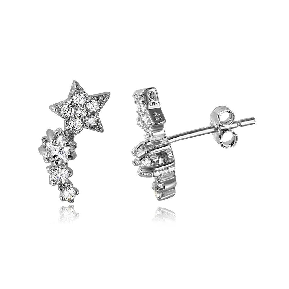 925 Sterling Silver Rhodium Plated Climbing Star CZ Stud Earrings