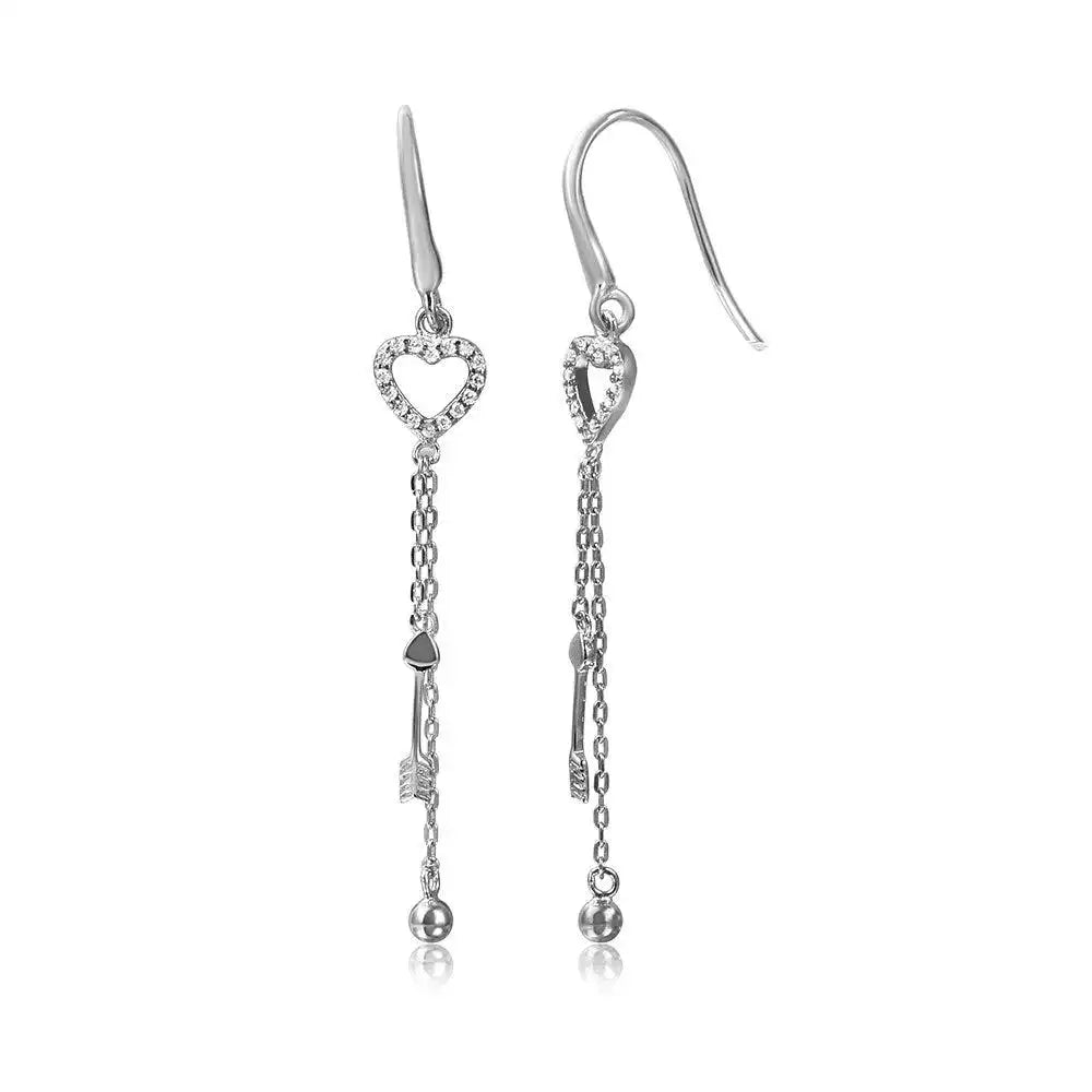 925 Sterling Silver Rhodium Plated Fish Hanging Heart with Strands Dangling Earrings