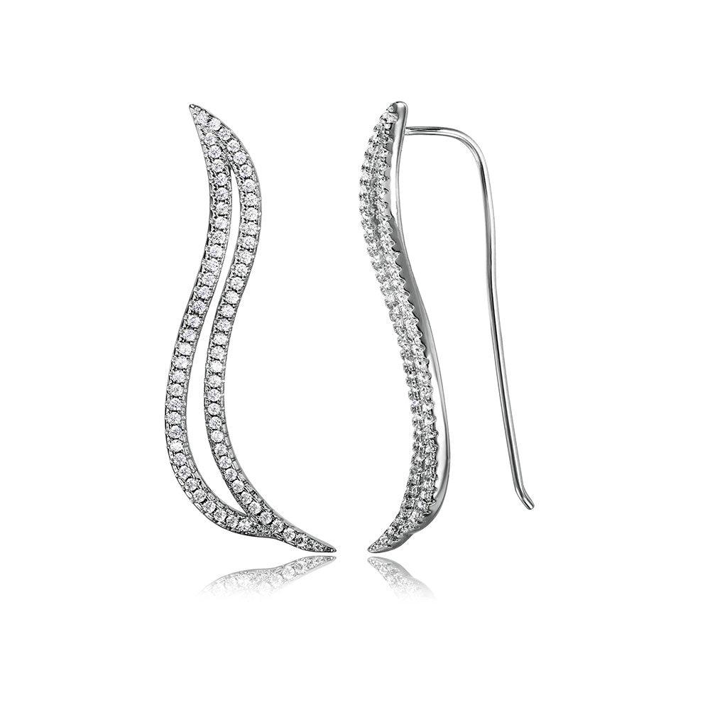 925 Silver Rhodium Plated Open Wave CZ Climbing Earrings
