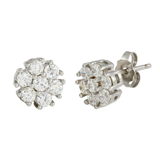 925 Sterling Silver Rhodium Plated CZ Flower Stud Earrings